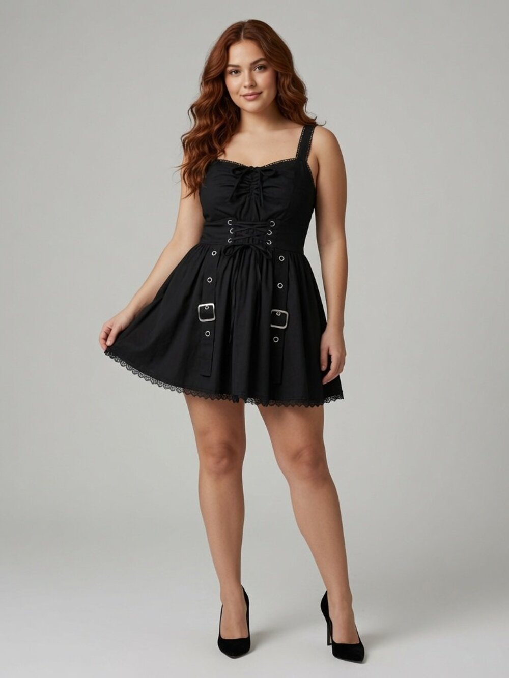 Goth Black Grommet Lace Up Corset Mini Dress Lace Trim Size S
